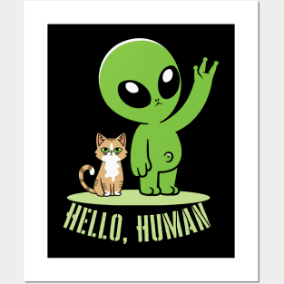 Alien with a cat: Hello, Human Posters and Art